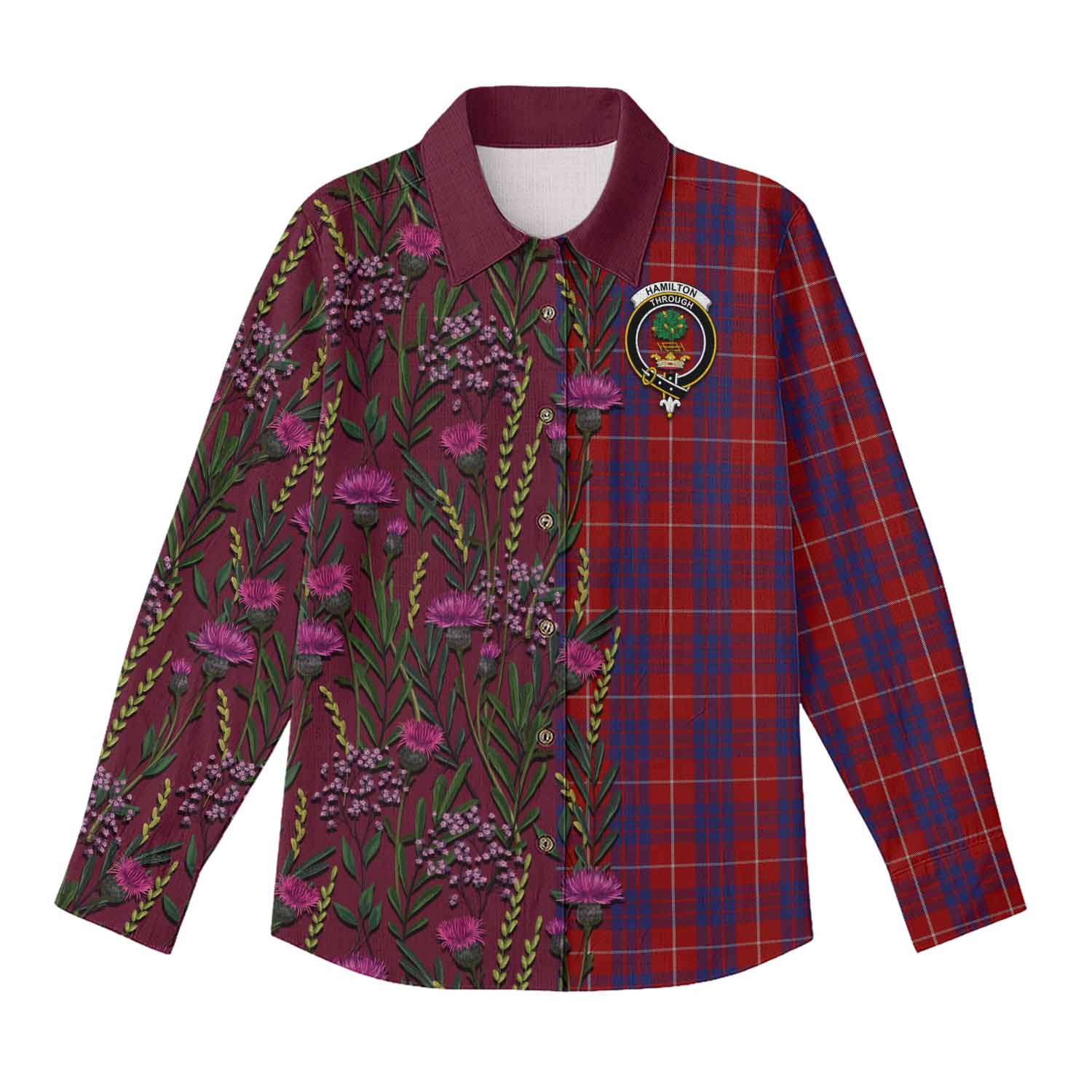 Hamilton Family Crest Tartan Women Casual Shirt Scottish Thistle Flower Pattern Half Style - Tartan Vibes Clothing