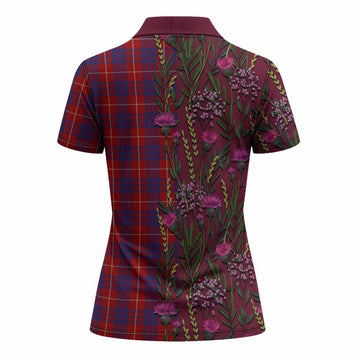 Hamilton Family Crest Tartan Women Polo Shirt Scottish Thistle Flower Pattern Half Style