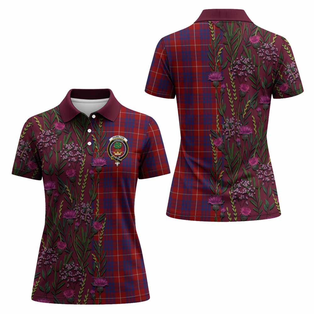 Hamilton Family Crest Tartan Women Polo Shirt Scottish Thistle Flower Pattern Half Style - Tartan Vibes Clothing