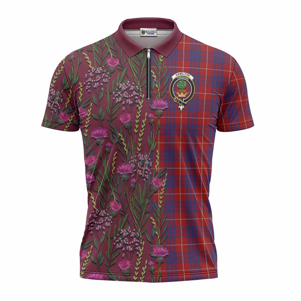 Hamilton Family Crest Tartan Zipper Polo Shirt Scottish Thistle Flower Pattern Half Style - Tartan Vibes Clothing