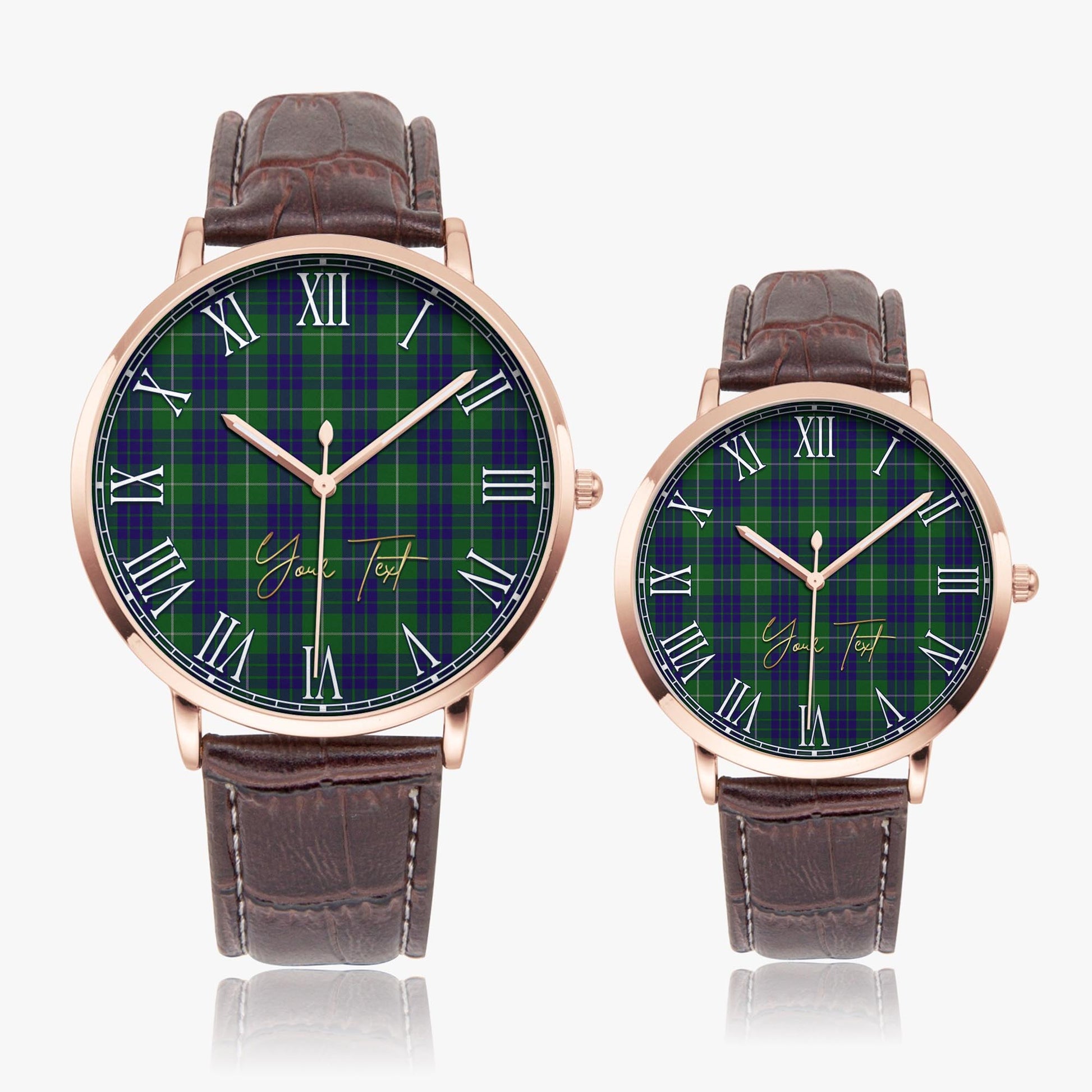 Hamilton Green Hunting Tartan Personalized Your Text Leather Trap Quartz Watch Ultra Thin Rose Gold Case With Brown Leather Strap - Tartanvibesclothing