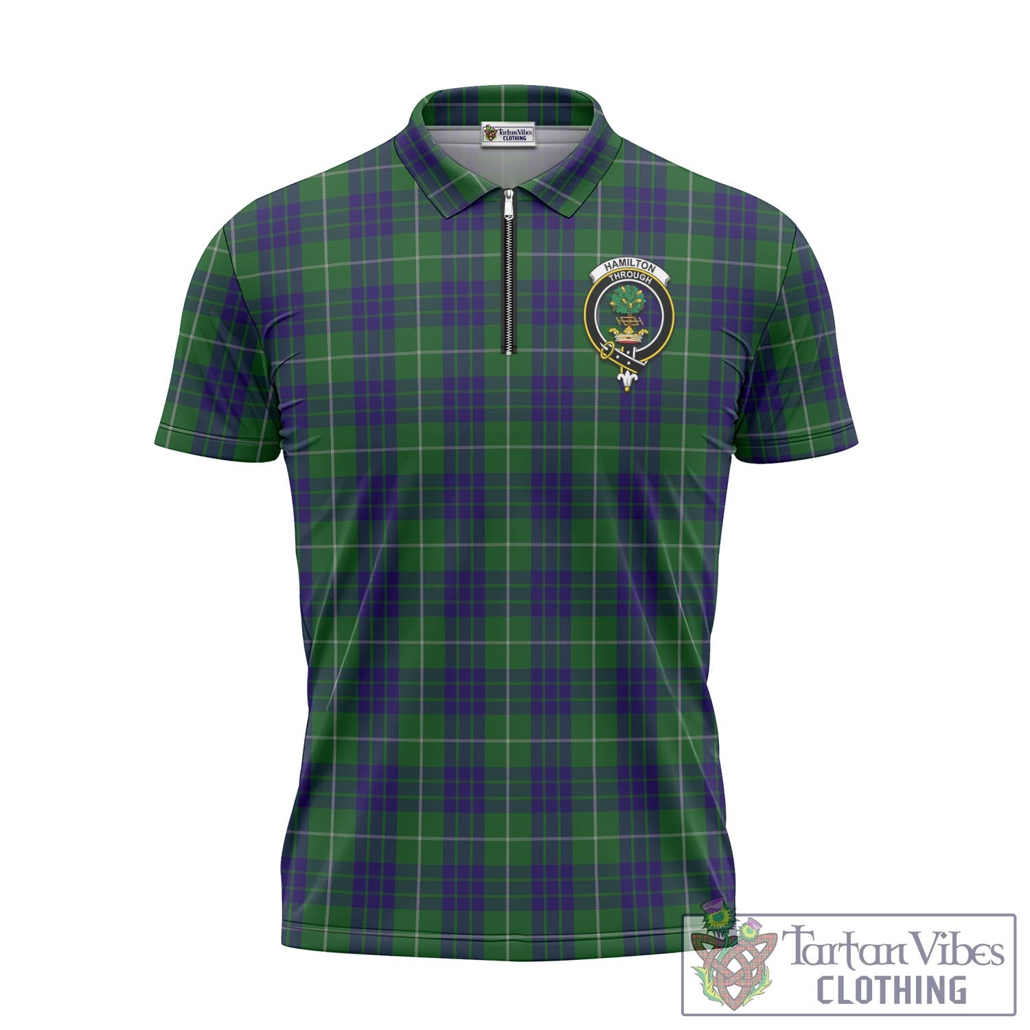 Tartan Vibes Clothing Hamilton Green Hunting Tartan Zipper Polo Shirt with Family Crest