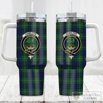 Hamilton Green Hunting Tartan and Family Crest Tumbler with Handle
