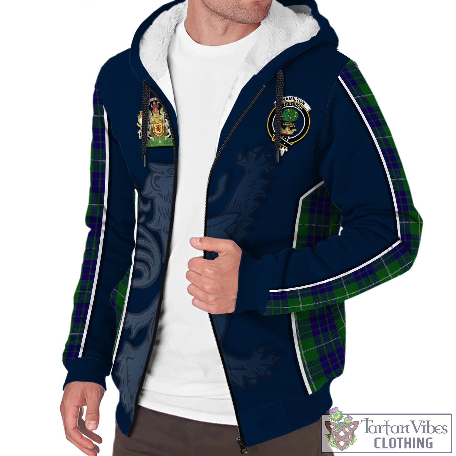 Tartan Vibes Clothing Hamilton Green Hunting Tartan Sherpa Hoodie with Family Crest and Lion Rampant Vibes Sport Style