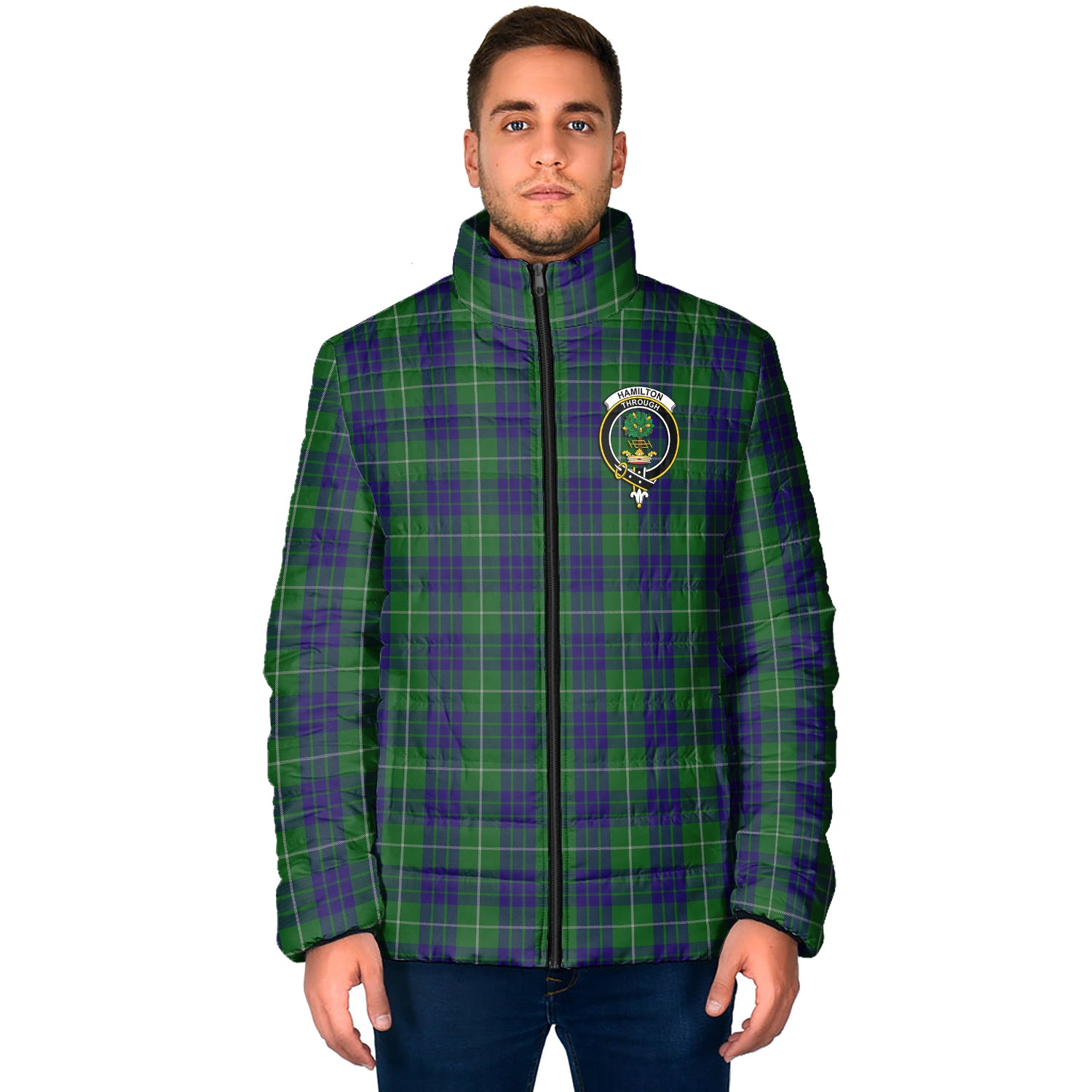Hamilton Green Hunting Tartan Padded Jacket with Family Crest - Tartanvibesclothing
