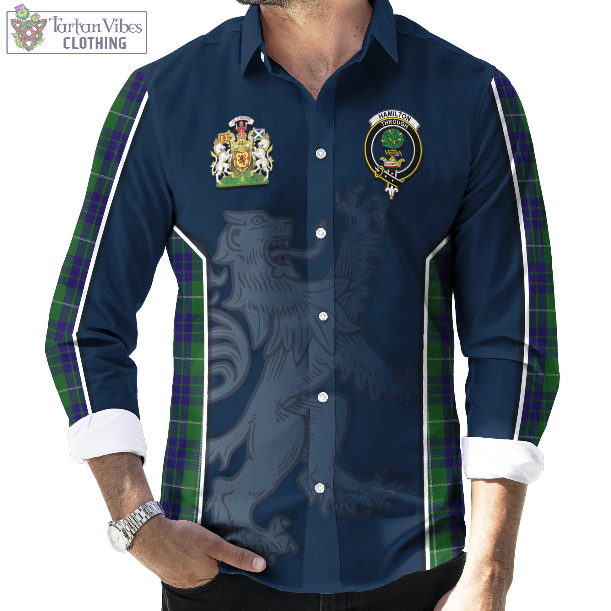 Tartan Vibes Clothing Hamilton Green Hunting Tartan Long Sleeve Button Up Shirt with Family Crest and Lion Rampant Vibes Sport Style