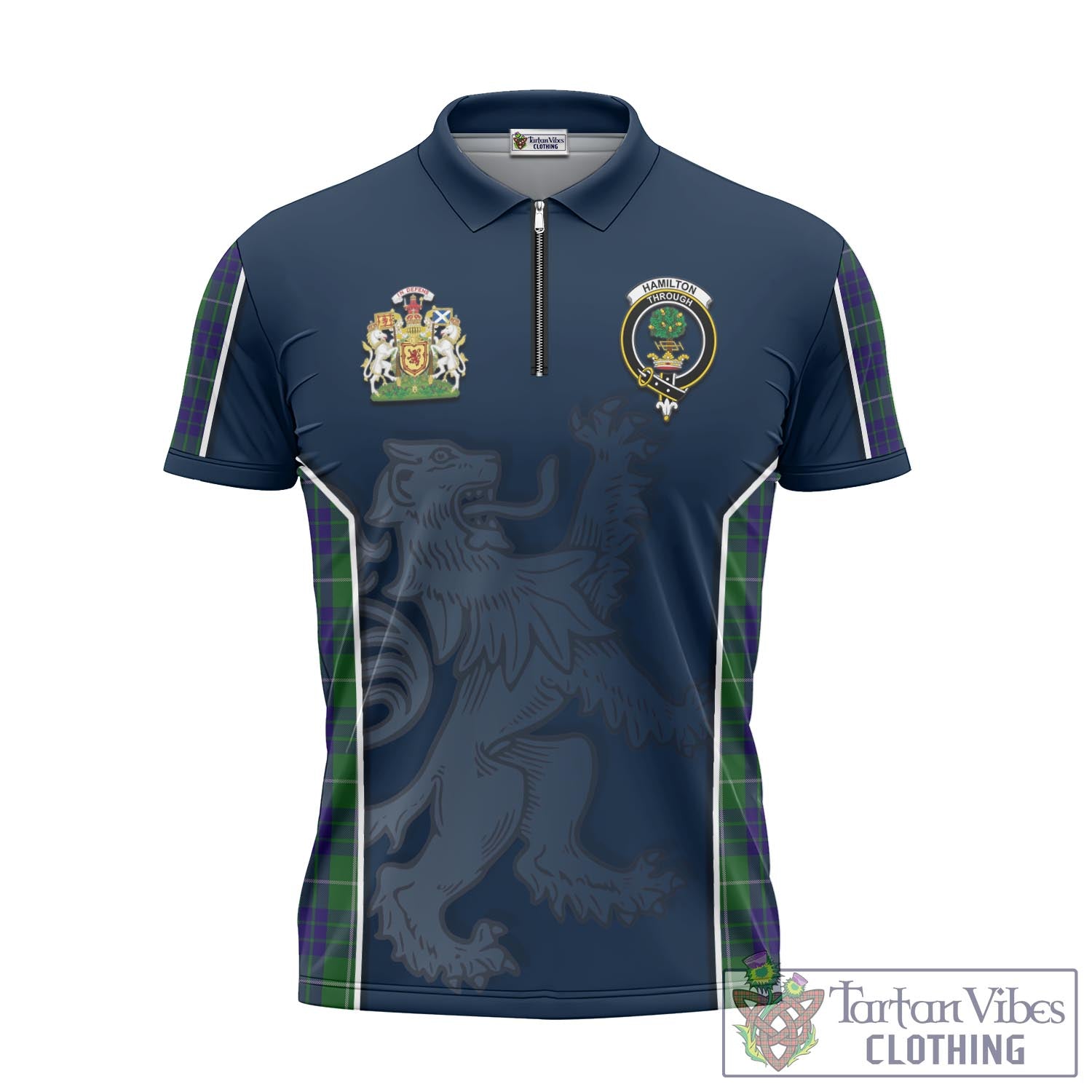 Tartan Vibes Clothing Hamilton Green Hunting Tartan Zipper Polo Shirt with Family Crest and Lion Rampant Vibes Sport Style