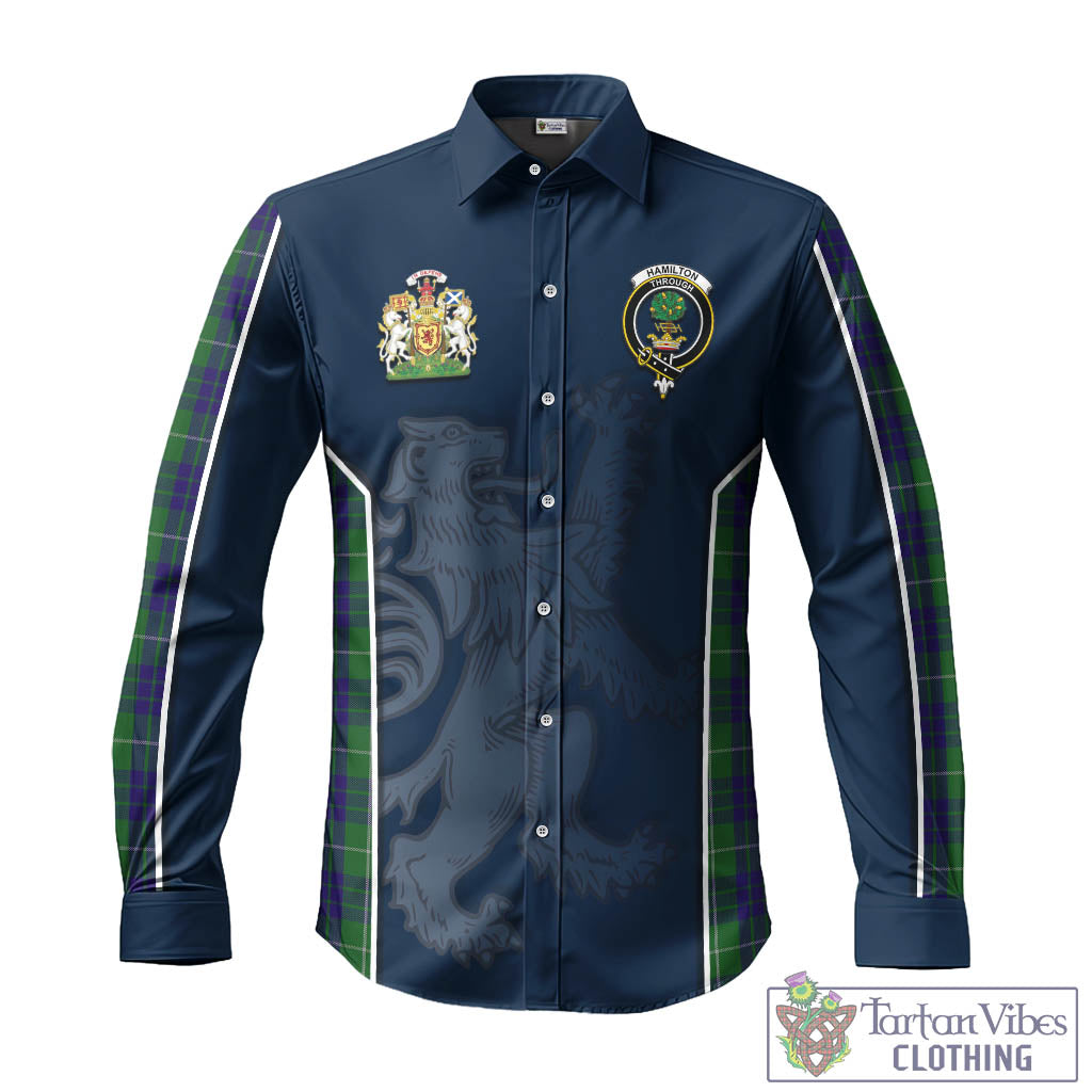 Tartan Vibes Clothing Hamilton Green Hunting Tartan Long Sleeve Button Up Shirt with Family Crest and Lion Rampant Vibes Sport Style