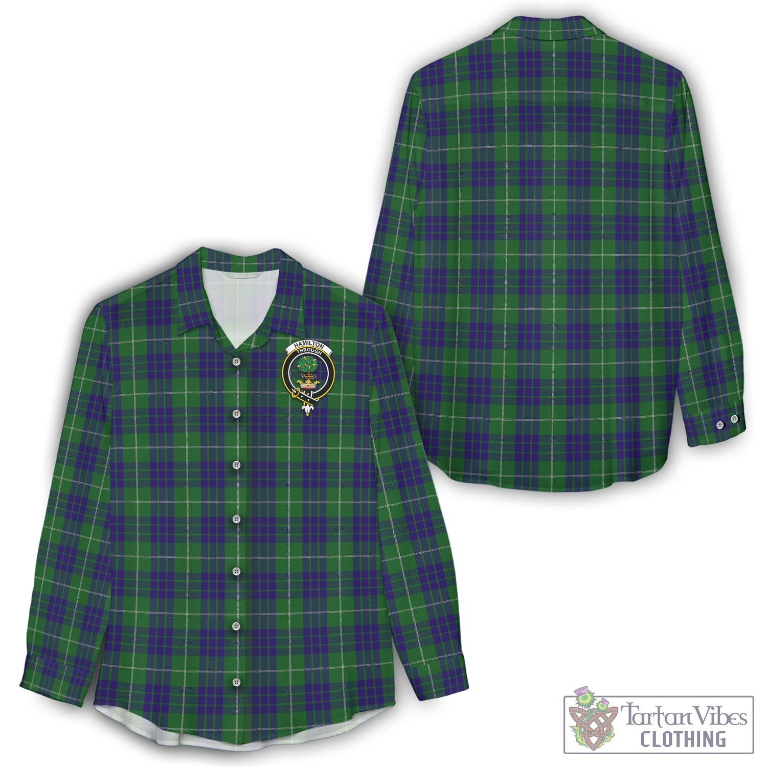 Tartan Vibes Clothing Hamilton Green Hunting Tartan Womens Casual Shirt with Family Crest
