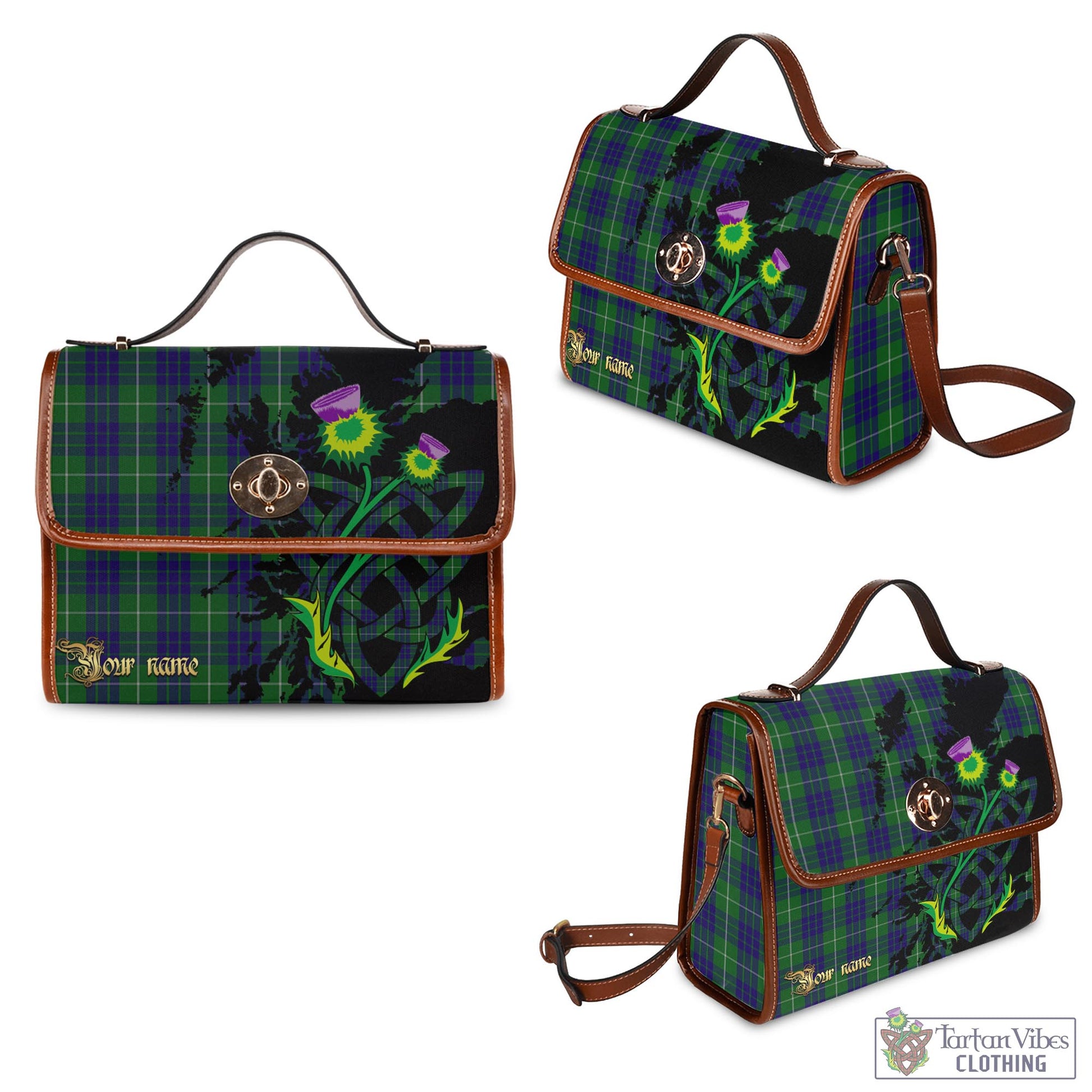 Tartan Vibes Clothing Hamilton Green Hunting Tartan Waterproof Canvas Bag with Scotland Map and Thistle Celtic Accents
