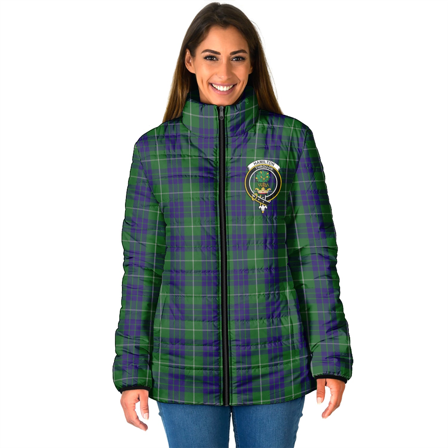 Hamilton Green Hunting Tartan Padded Jacket with Family Crest - Tartanvibesclothing
