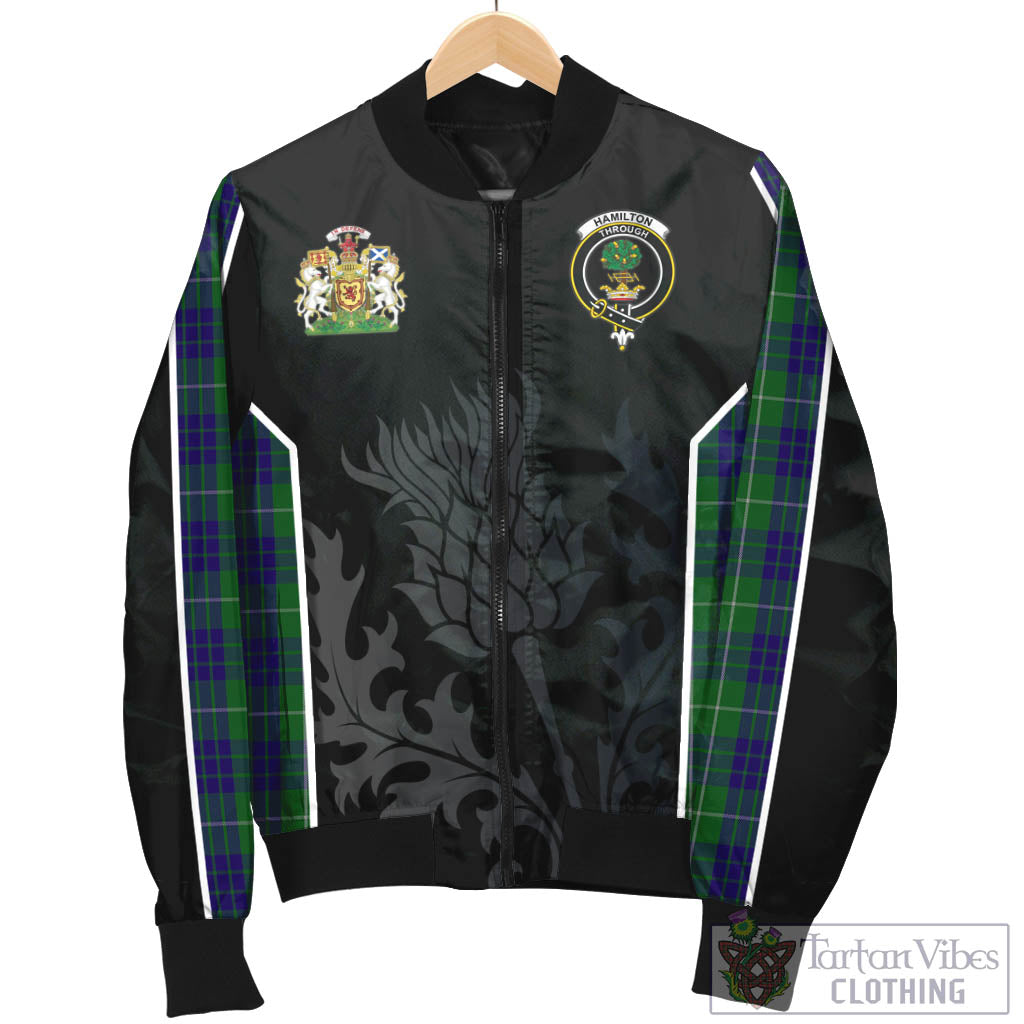 Tartan Vibes Clothing Hamilton Green Hunting Tartan Bomber Jacket with Family Crest and Scottish Thistle Vibes Sport Style