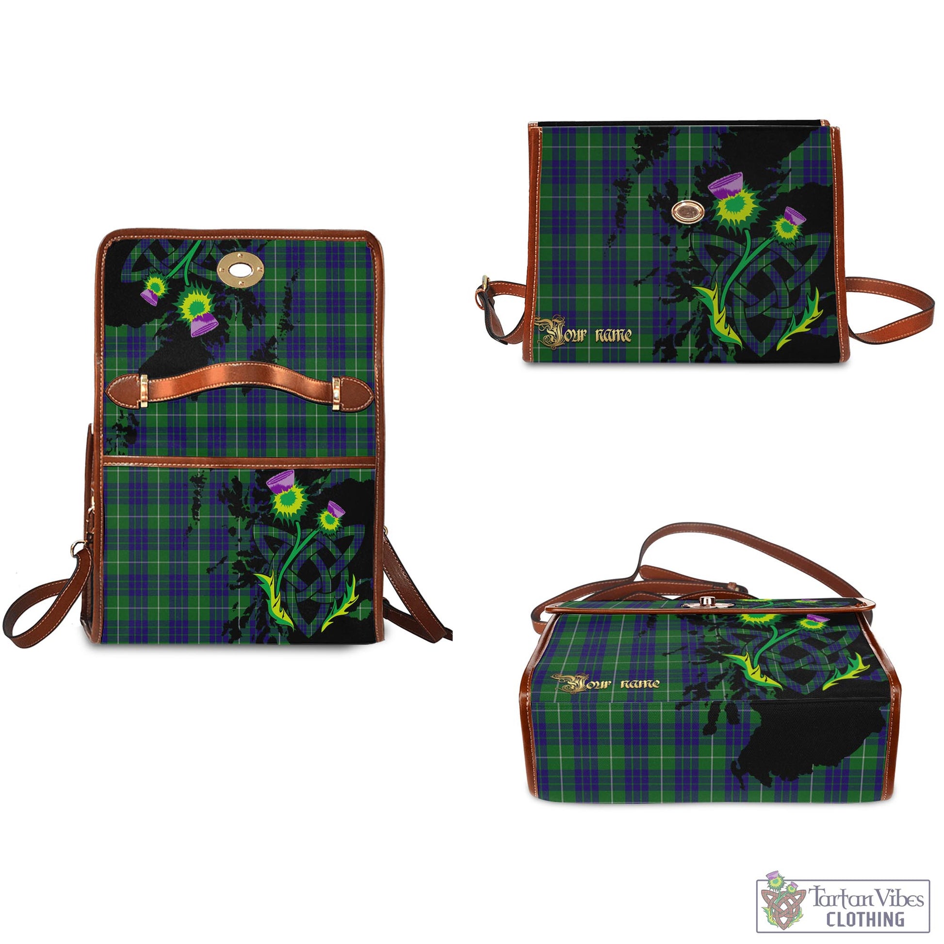 Tartan Vibes Clothing Hamilton Green Hunting Tartan Waterproof Canvas Bag with Scotland Map and Thistle Celtic Accents