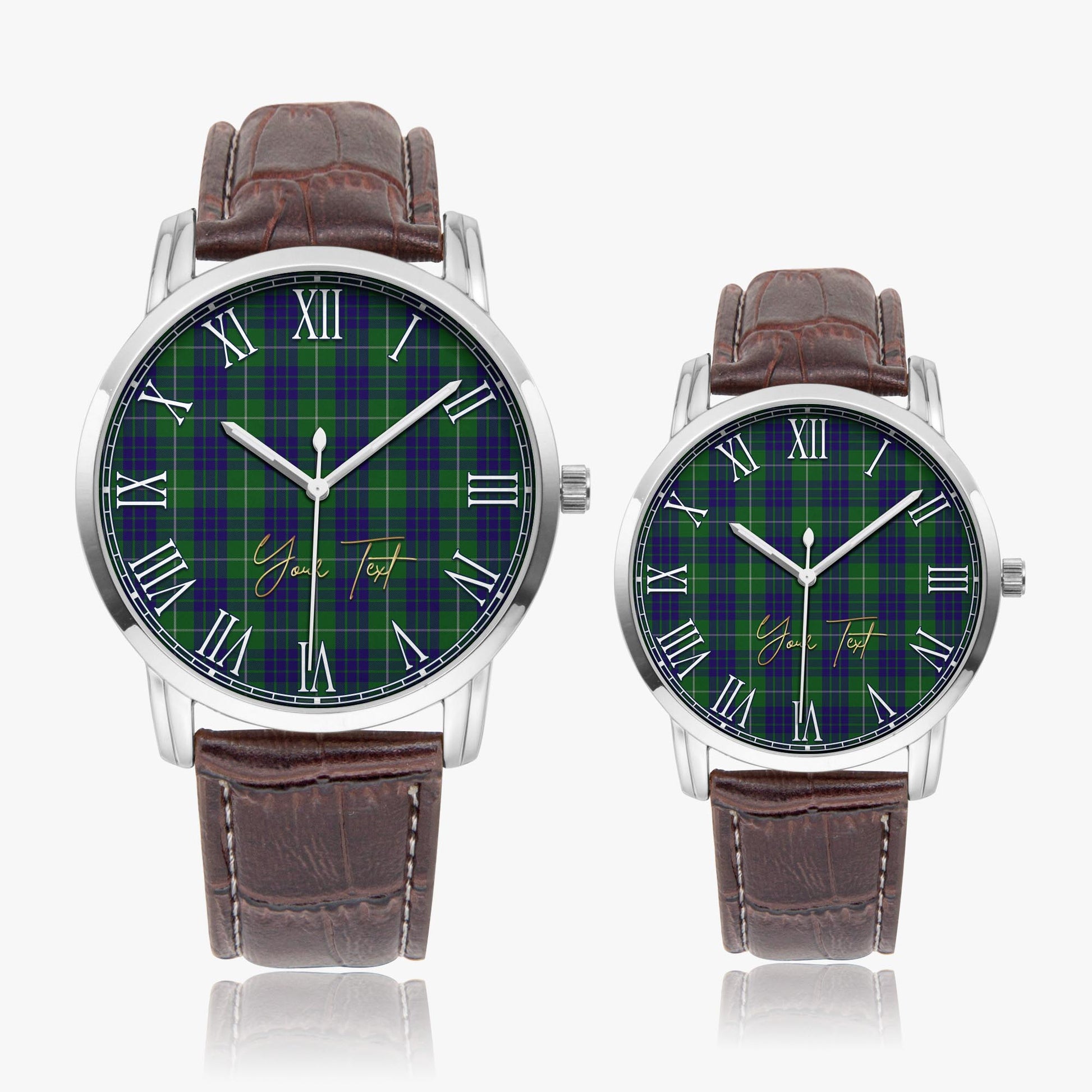 Hamilton Green Hunting Tartan Personalized Your Text Leather Trap Quartz Watch Wide Type Silver Case With Brown Leather Strap - Tartanvibesclothing