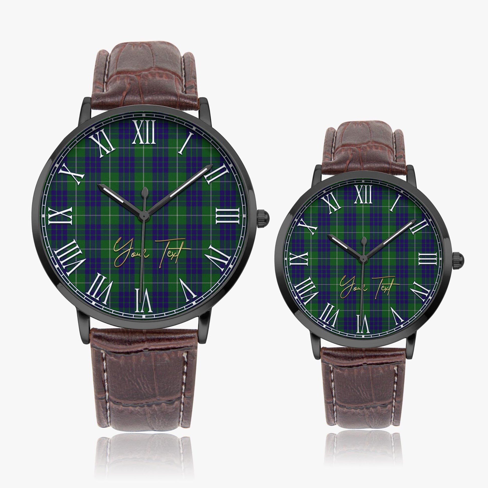 Hamilton Green Hunting Tartan Personalized Your Text Leather Trap Quartz Watch Ultra Thin Black Case With Brown Leather Strap - Tartanvibesclothing
