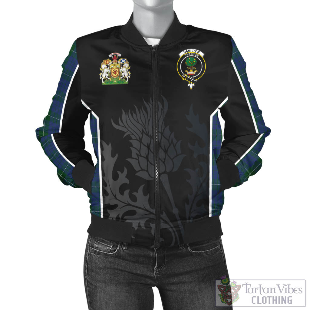 Tartan Vibes Clothing Hamilton Hunting Tartan Bomber Jacket with Family Crest and Scottish Thistle Vibes Sport Style