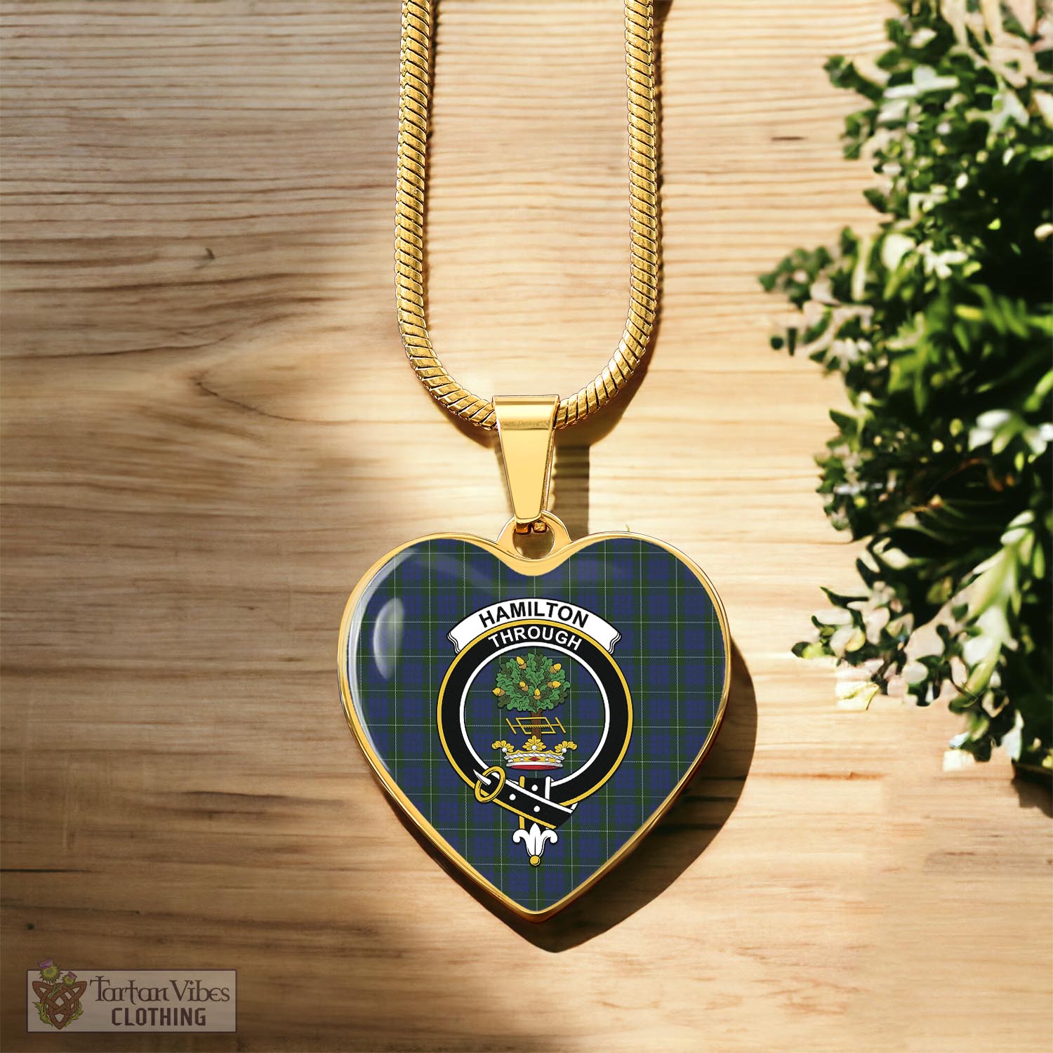 Tartan Vibes Clothing Hamilton Hunting Tartan Heart Necklace with Family Crest