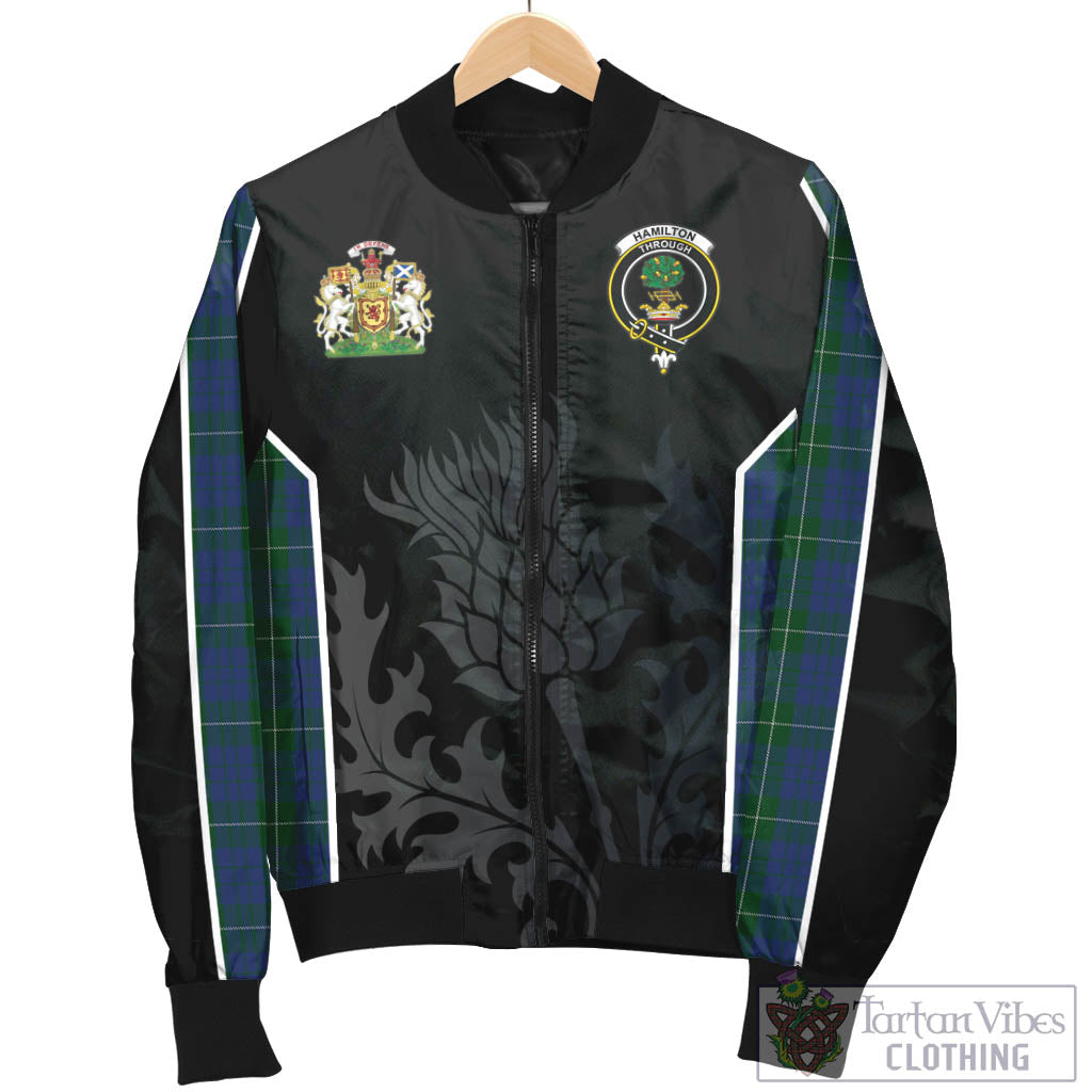 Tartan Vibes Clothing Hamilton Hunting Tartan Bomber Jacket with Family Crest and Scottish Thistle Vibes Sport Style
