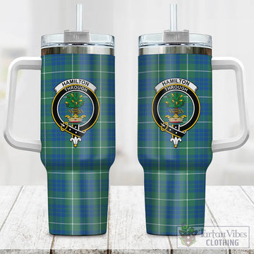 Hamilton Hunting Ancient Tartan and Family Crest Tumbler with Handle