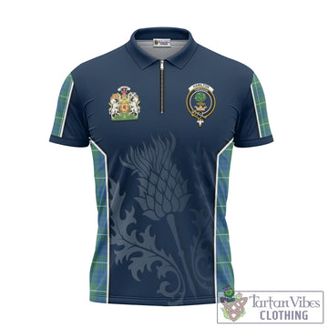 Hamilton Hunting Ancient Tartan Zipper Polo Shirt with Family Crest and Scottish Thistle Vibes Sport Style