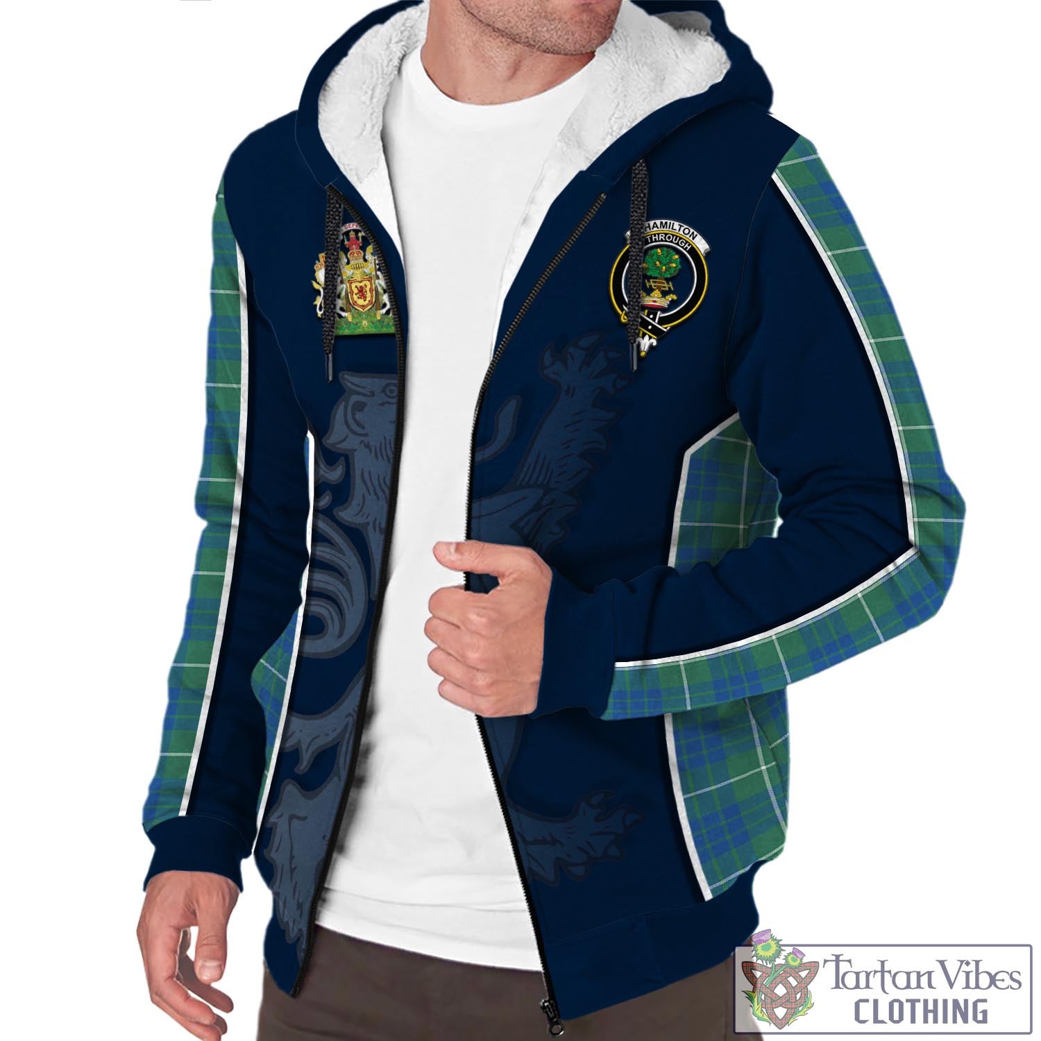 Tartan Vibes Clothing Hamilton Hunting Ancient Tartan Sherpa Hoodie with Family Crest and Lion Rampant Vibes Sport Style