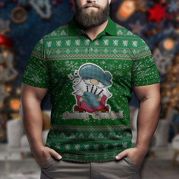 Hamilton Hunting Ancient Clan Christmas Family Polo Shirt with Funny Gnome Playing Bagpipes