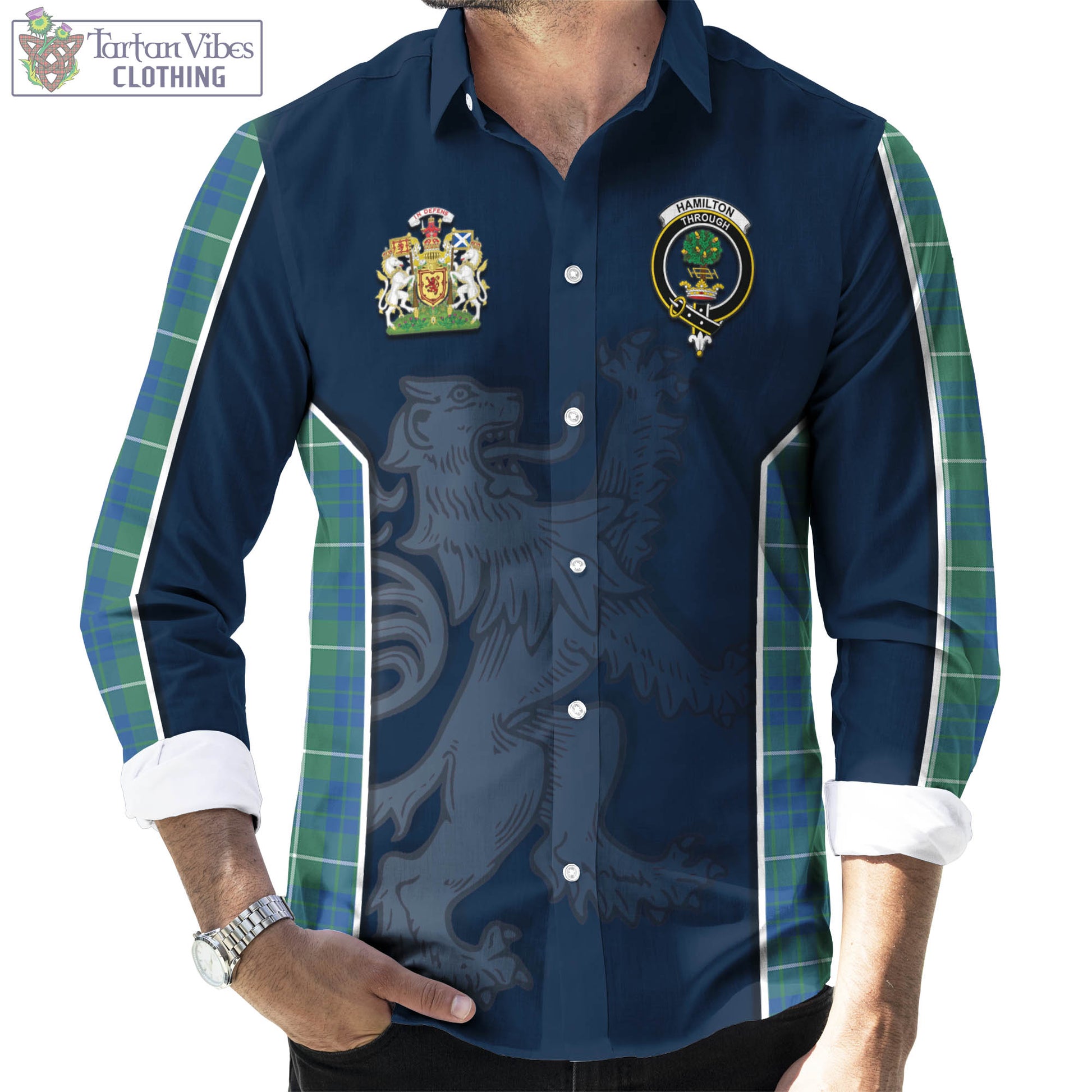 Tartan Vibes Clothing Hamilton Hunting Ancient Tartan Long Sleeve Button Up Shirt with Family Crest and Lion Rampant Vibes Sport Style