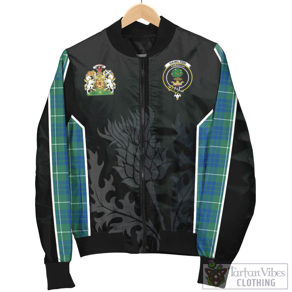 Tartan Vibes Clothing Hamilton Hunting Ancient Tartan Bomber Jacket with Family Crest and Scottish Thistle Vibes Sport Style