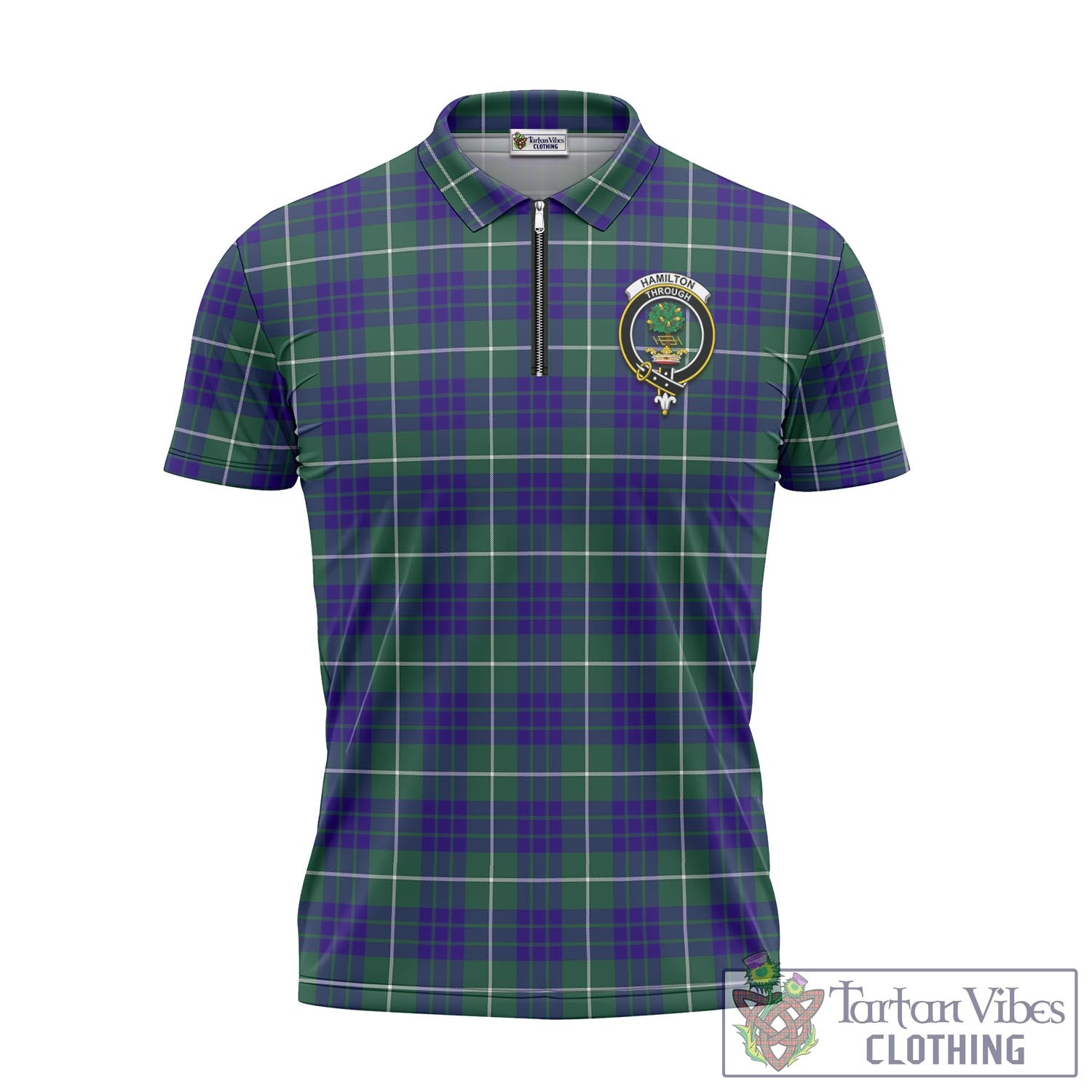 Tartan Vibes Clothing Hamilton Hunting Modern Tartan Zipper Polo Shirt with Family Crest