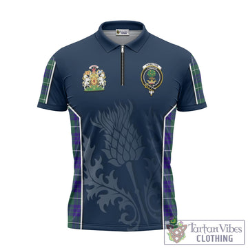 Hamilton Hunting Modern Tartan Zipper Polo Shirt with Family Crest and Scottish Thistle Vibes Sport Style