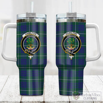 Hamilton Hunting Modern Tartan and Family Crest Tumbler with Handle
