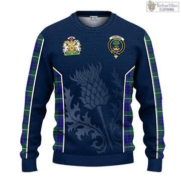 Hamilton Hunting Modern Tartan Knitted Sweatshirt with Family Crest and Scottish Thistle Vibes Sport Style