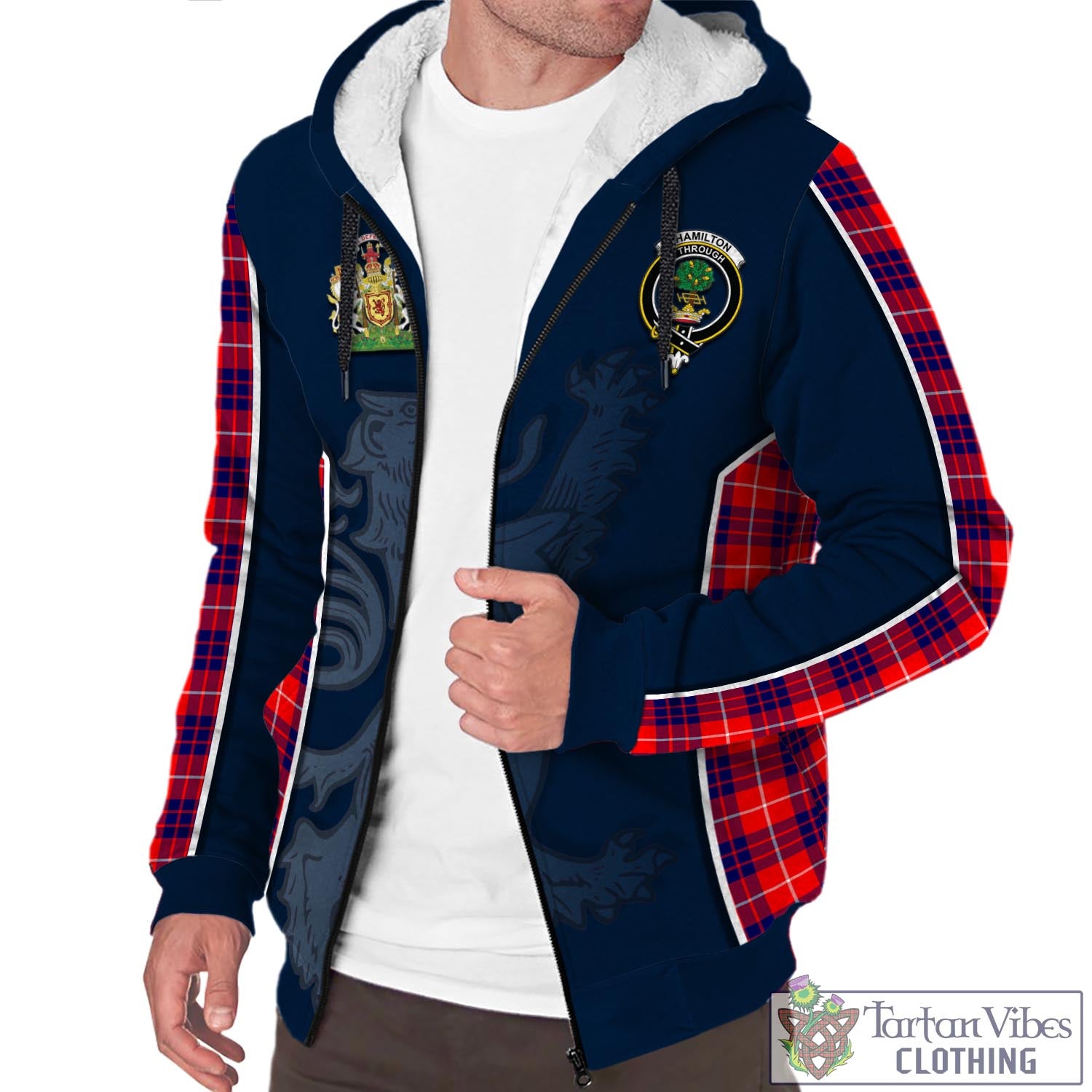 Tartan Vibes Clothing Hamilton Modern Tartan Sherpa Hoodie with Family Crest and Lion Rampant Vibes Sport Style