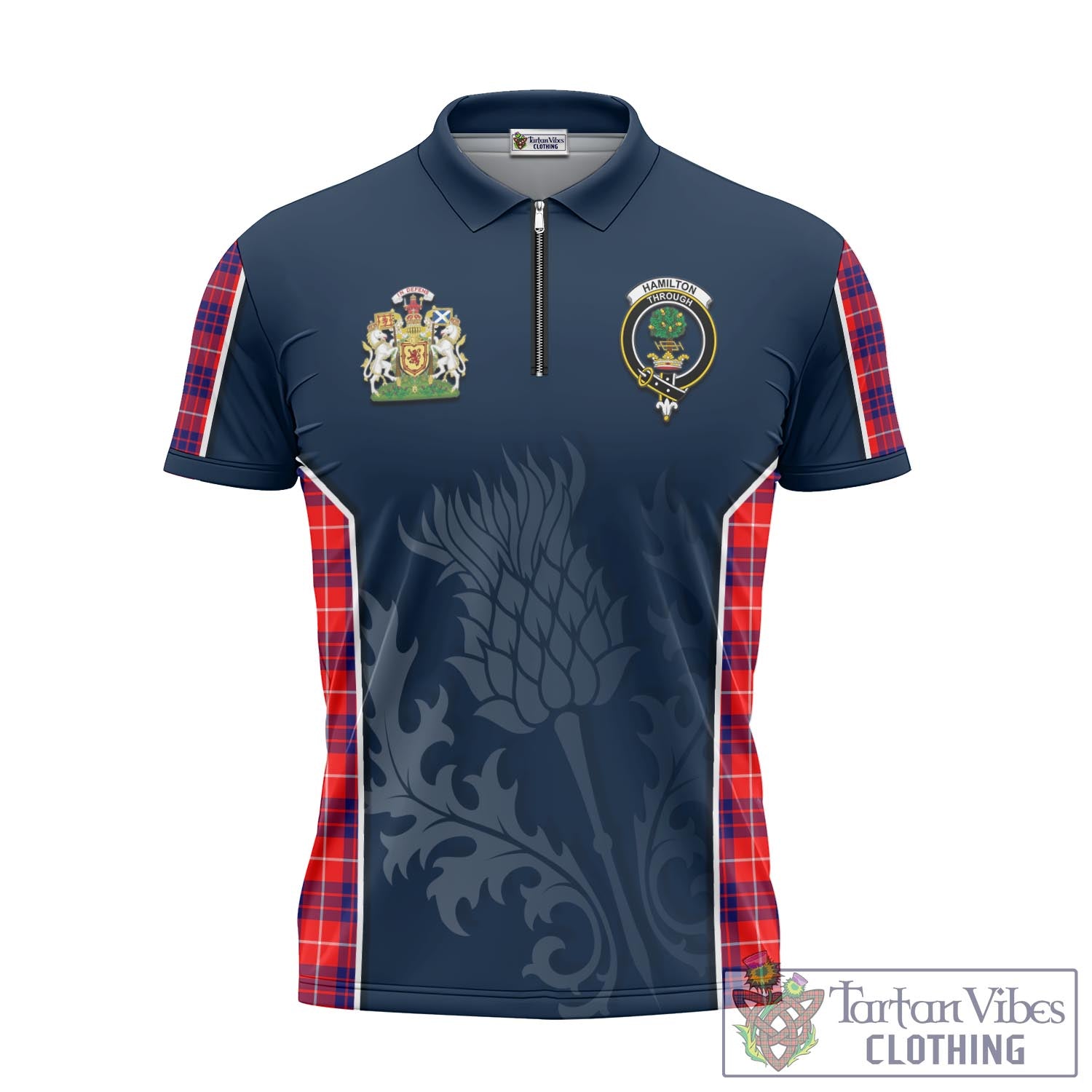 Tartan Vibes Clothing Hamilton Modern Tartan Zipper Polo Shirt with Family Crest and Scottish Thistle Vibes Sport Style
