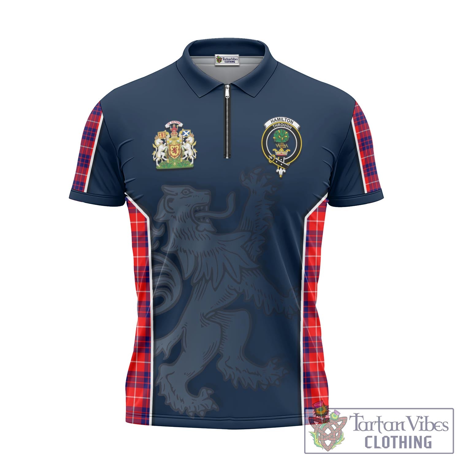 Tartan Vibes Clothing Hamilton Modern Tartan Zipper Polo Shirt with Family Crest and Lion Rampant Vibes Sport Style