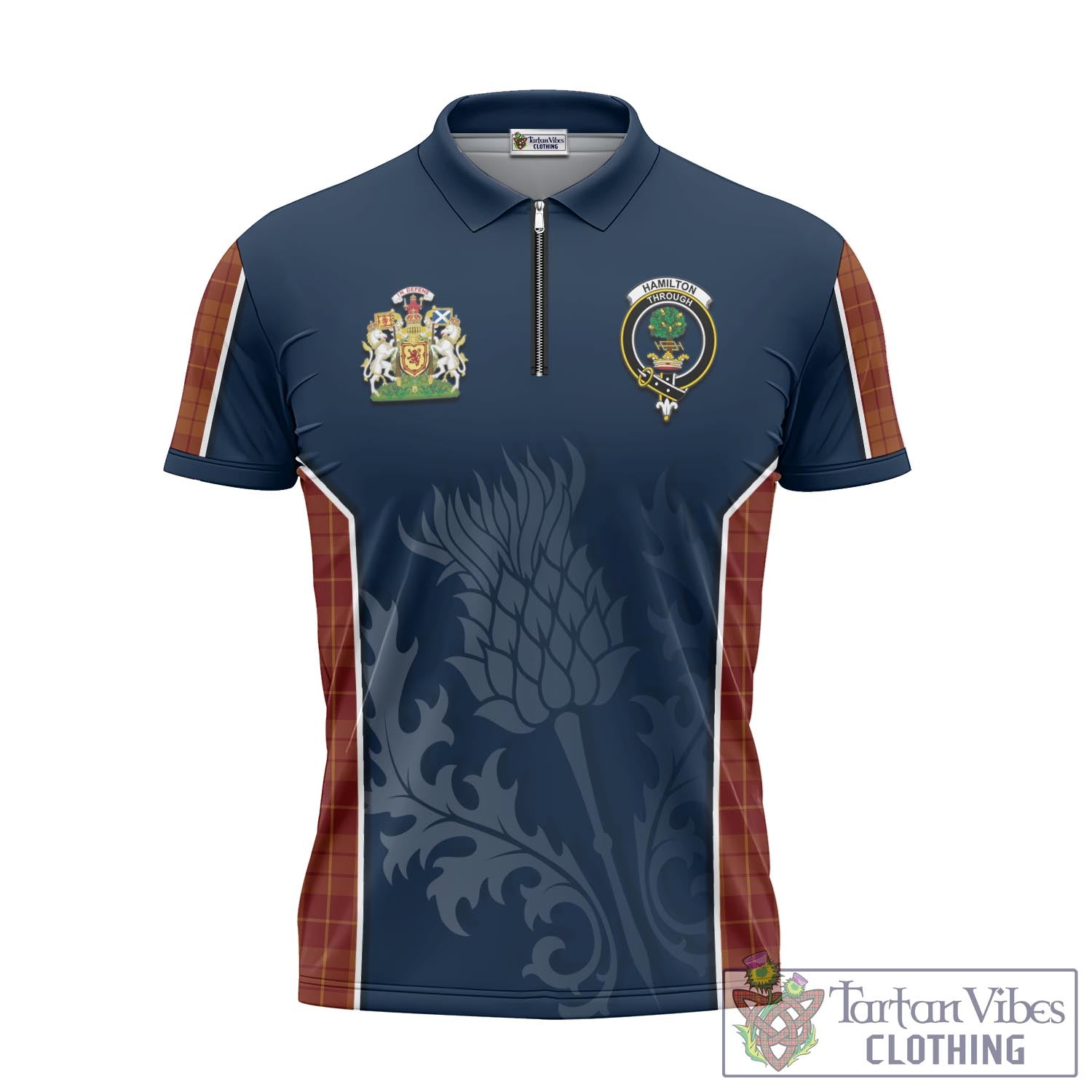 Tartan Vibes Clothing Hamilton Red Tartan Zipper Polo Shirt with Family Crest and Scottish Thistle Vibes Sport Style
