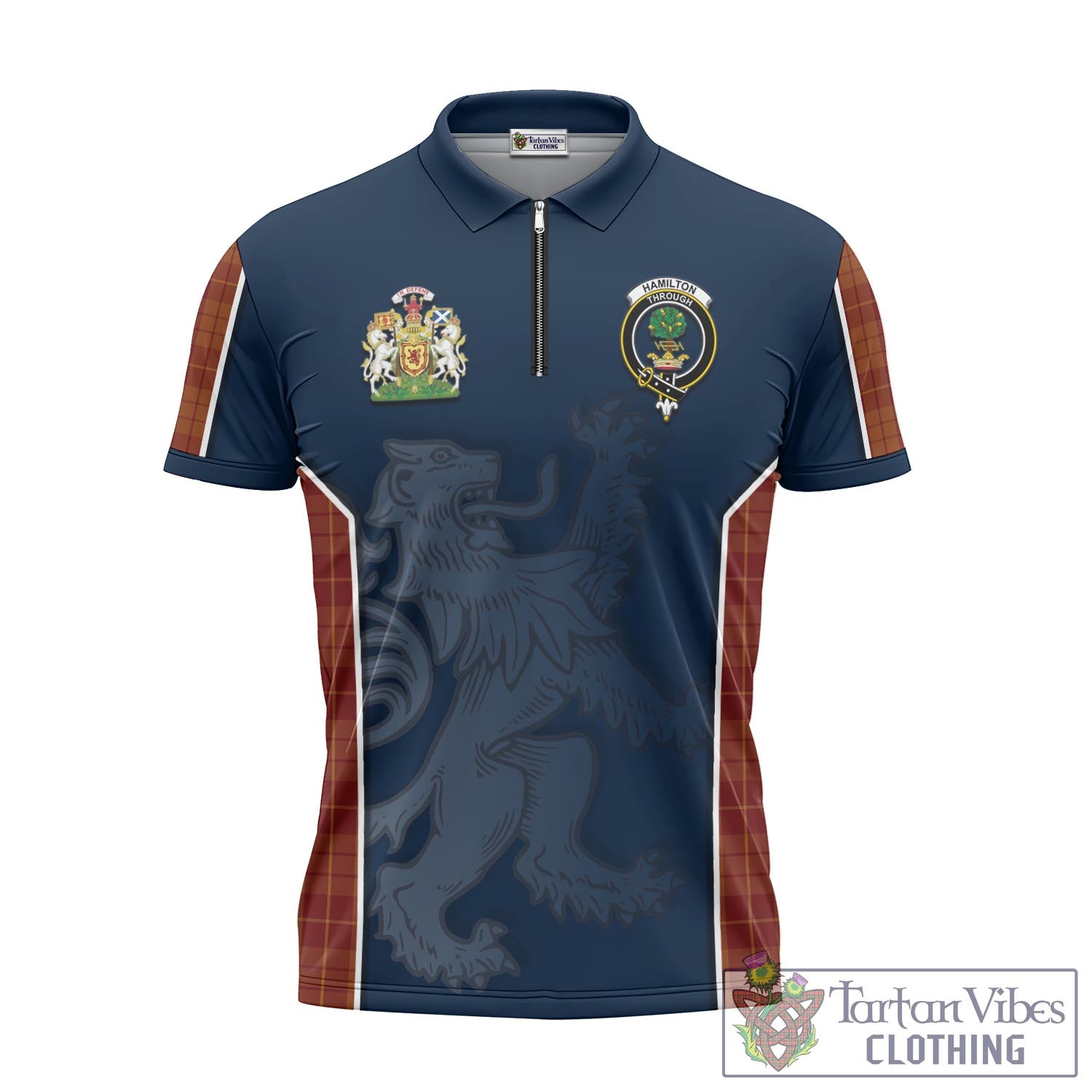 Tartan Vibes Clothing Hamilton Red Tartan Zipper Polo Shirt with Family Crest and Lion Rampant Vibes Sport Style