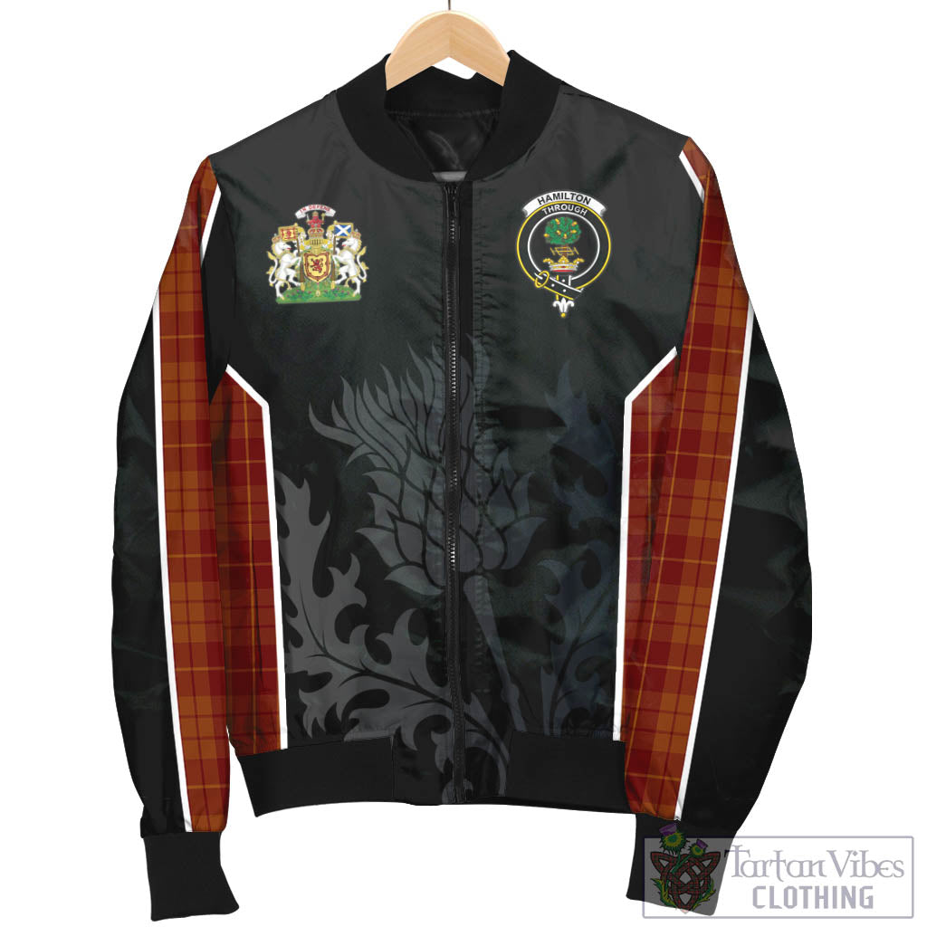 Tartan Vibes Clothing Hamilton Red Tartan Bomber Jacket with Family Crest and Scottish Thistle Vibes Sport Style
