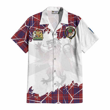 Hamilton Tartan Cotton Hawaiian Shirt with Family Crest and Lion Rampant Grunge Style