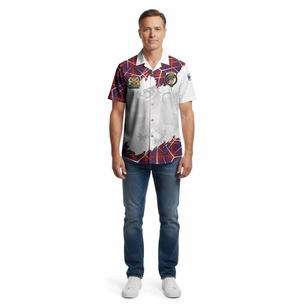 Hamilton Tartan Cotton Hawaiian Shirt with Family Crest and Lion Rampant Grunge Style