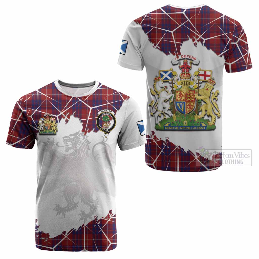 Hamilton Tartan Cotton T-shirt with Family Crest and Lion Rampant Grunge Style