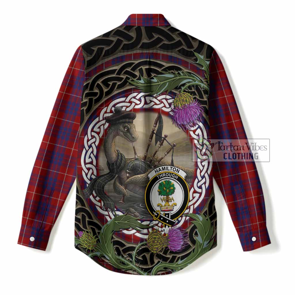 Hamilton Tartan Crest Bagpipe Nessie Women Casual Shirt Scottish Loch Ness Monster Celtic Thistle