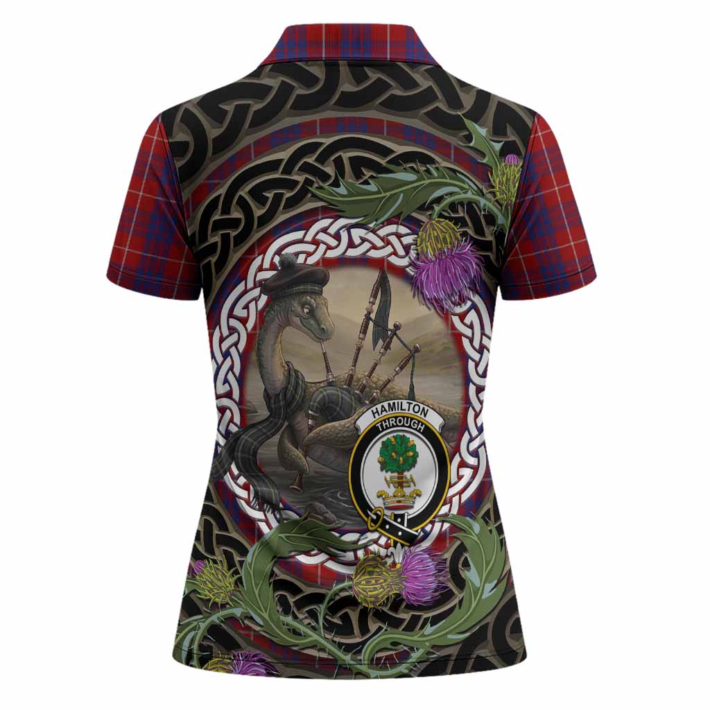 Hamilton Tartan Crest Bagpipe Nessie Women Polo Shirt Scottish Loch Ness Monster Celtic Thistle