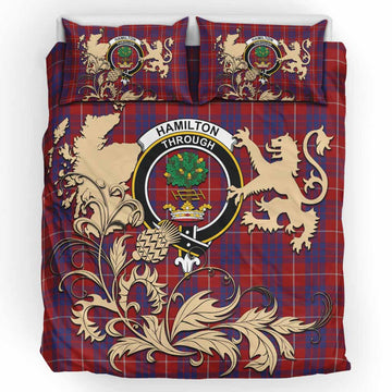 Hamilton Tartan Crest Bedding Set with Scottish Iconic Symbols 