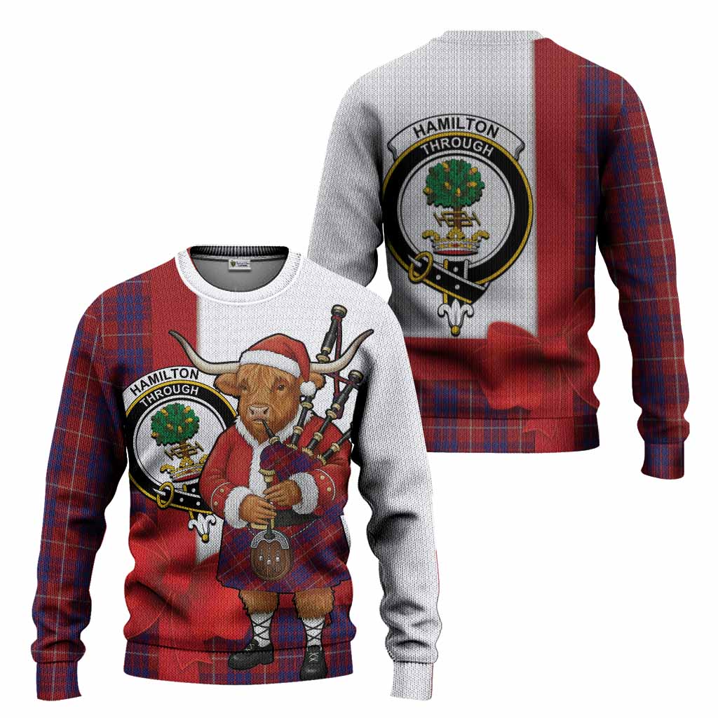 Hamilton Tartan Crest Christmas Christmas Ugly Sweater Highland Cow Bagpipes Coquette Bow Style