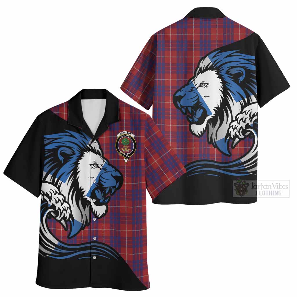 Hamilton Tartan Crest Hawaiian Shirt Scottish Golden Lions Wave Flow