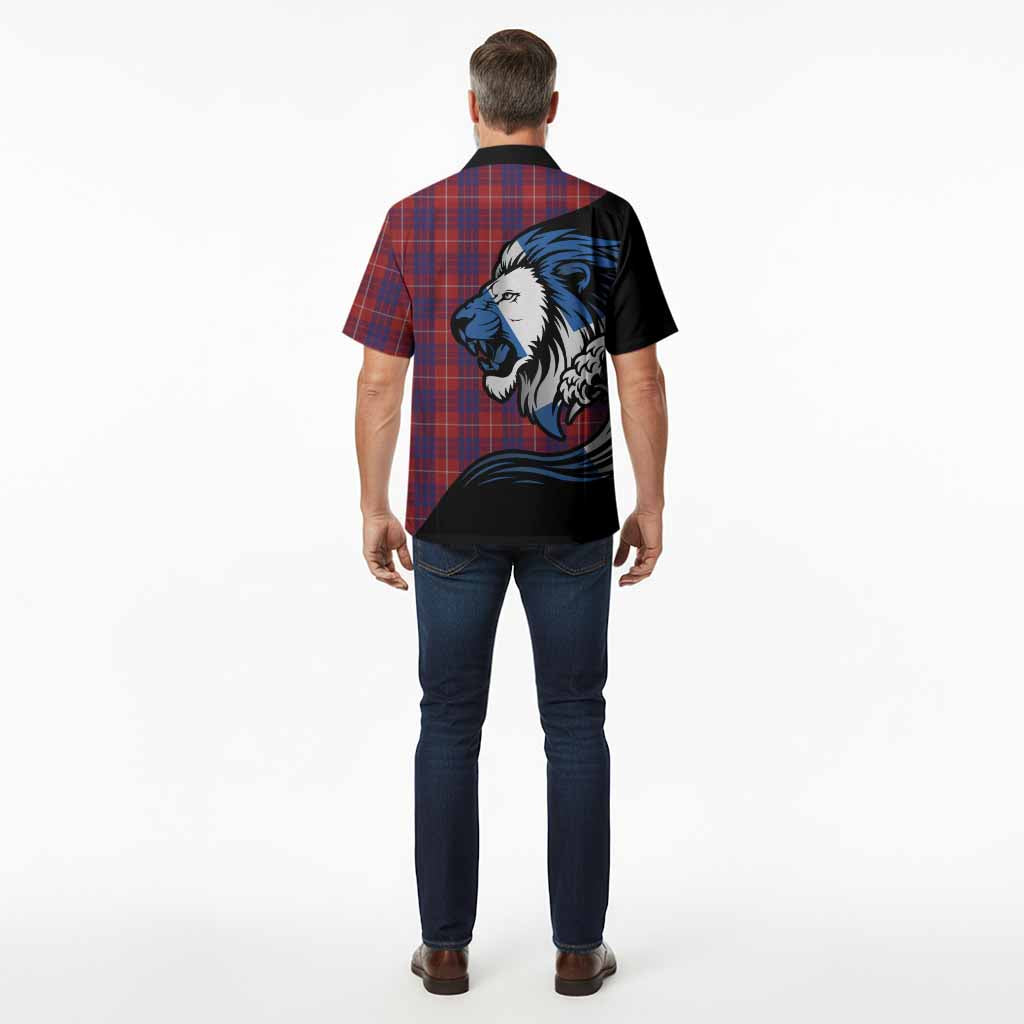Hamilton Tartan Crest Hawaiian Shirt Scottish Golden Lions Wave Flow