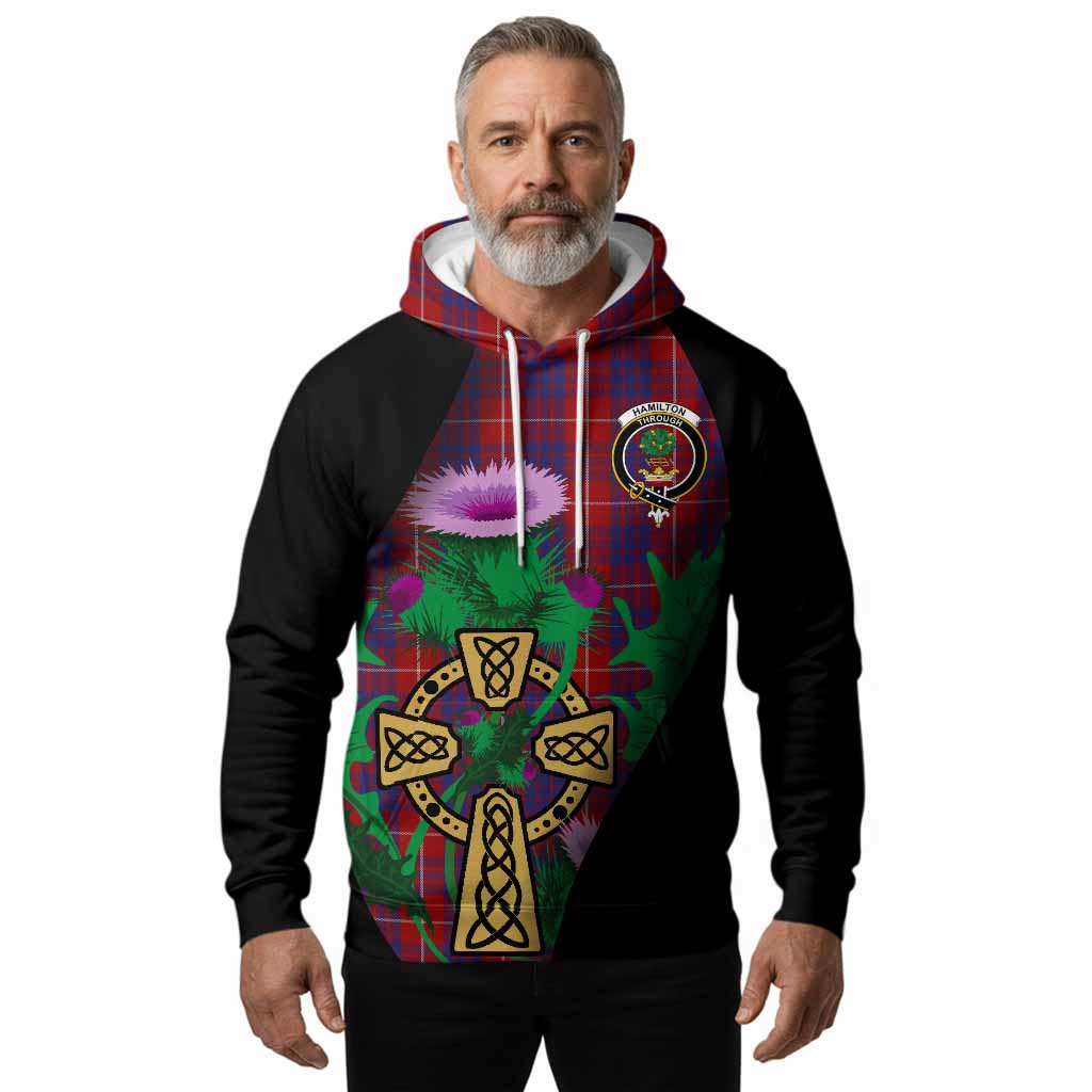 Hamilton Tartan Crest Hoodie Celtic Cross Thistle Flowers