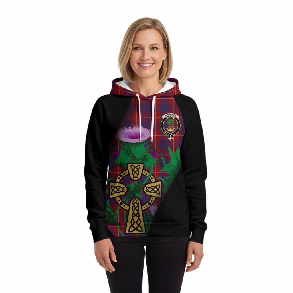 Hamilton Tartan Crest Hoodie Celtic Cross Thistle Flowers