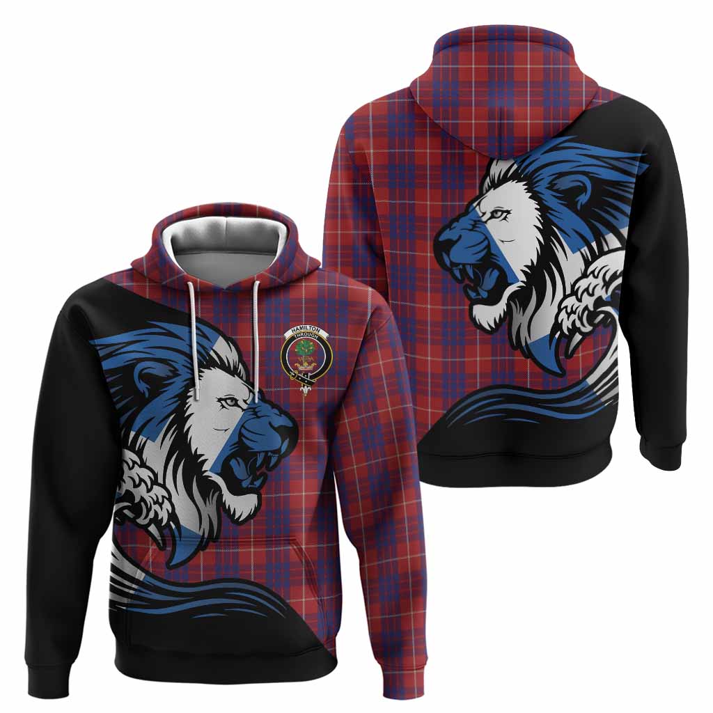 Hamilton Tartan Crest Hoodie Scottish Golden Lions Wave Flow